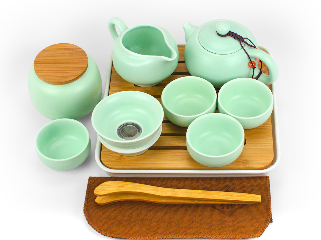 Ru Yao Green Xishi Porcelain Travel Tea Set set up on its tray
