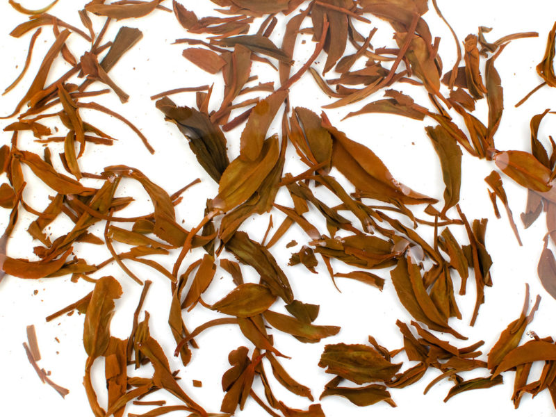 Zhongguo Hong (China Red) wet tea leaves floating in clear water.
