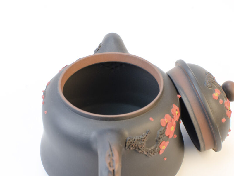 Inset strainer behind spout inside Hand-Painted Cherry Branch Yunnan Black Jianshui Teapot