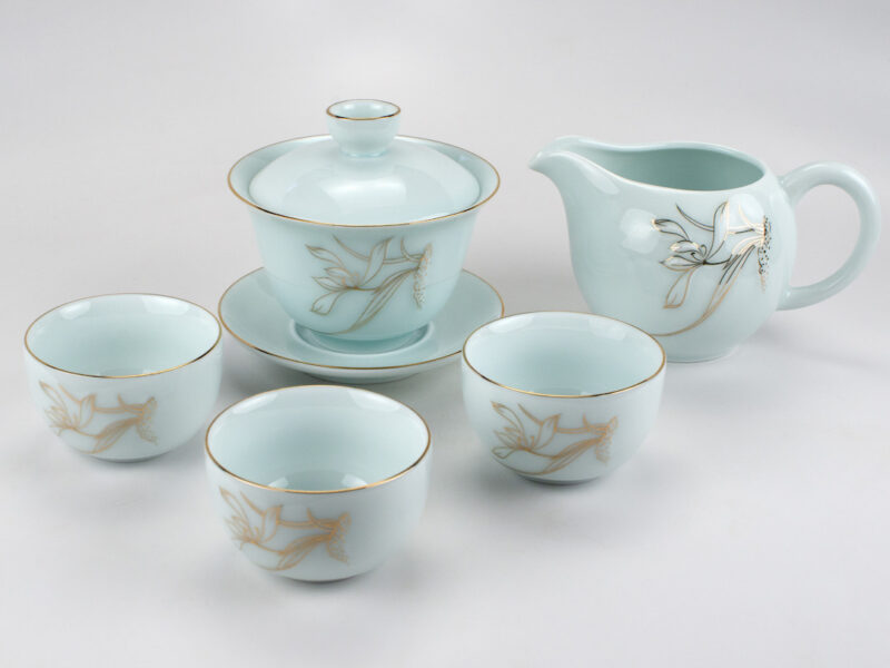 Golden Orchid Yingqing Porcelain Gaiwan, Pitcher, and Teacups