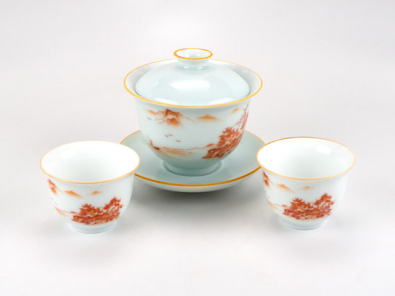 Jingdezhen Red Painted Porcelain Gaiwan and Teacups