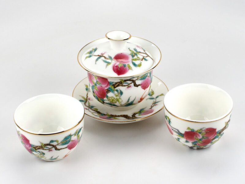 Jingdezhen Longevity Peach Gold Rim Porcelain Gaiwan and Teacups