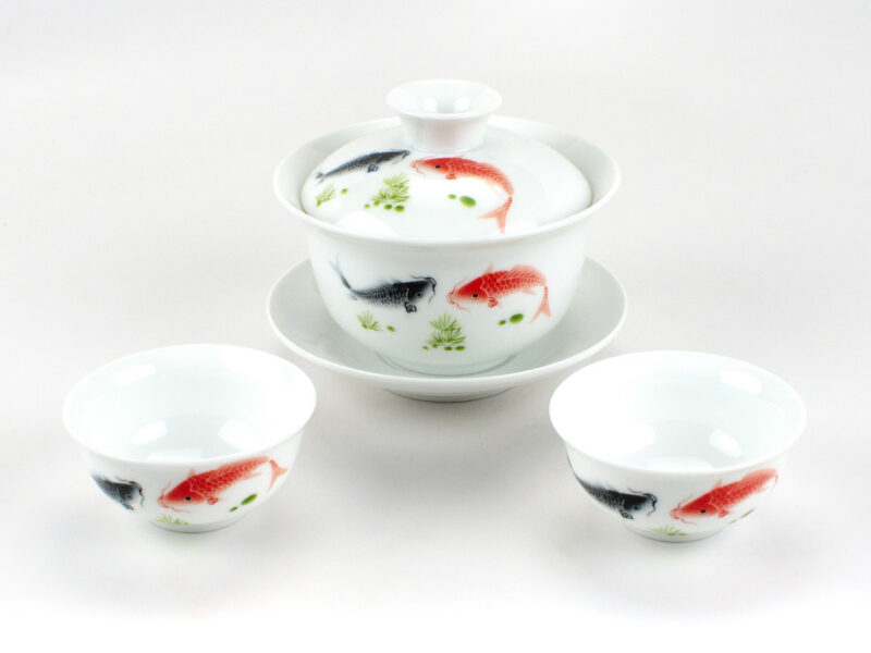 Jingdezhen Two Koi Fish Porcelain Gaiwan and Teacups