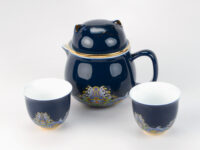 Blue Cat Porcelain Travel Tea Set with pot an two cups