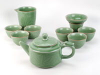 Longquan Celadon Lotus Porcelain Tea Set with teapot, pitcher, strainer and stand, and 6 teacups