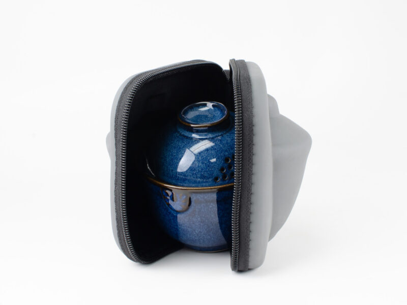 Jun Kiln Blue Easy Gaiwan Travel Tea Set packed away in zipper case