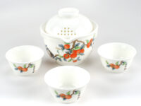 White easy gaiwan and cups with colorful persimmon image on their outer walls.