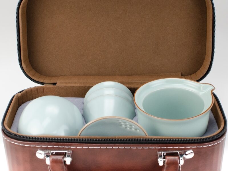 Ru Kiln Tian Qing Easy Gaiwan Travel Tea Set packed into leather carrying case