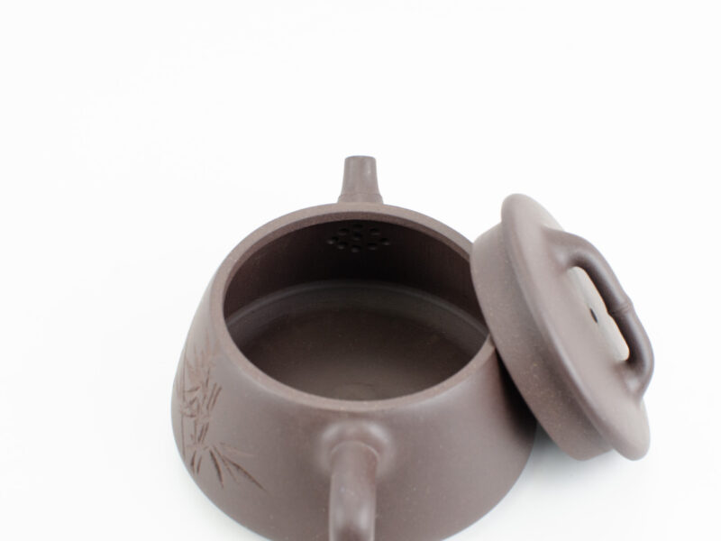 Inset strainer inside Bamboo Carved Stone Scoop Zi Ni Yixing Teapot