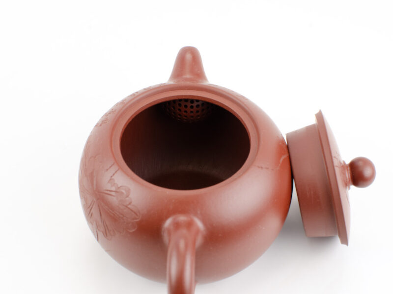 Inset strainer bulb inside Lotus Leaf Da Hong Pao Yixing Teapot