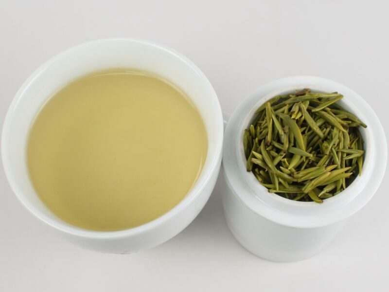 Cui Zhu (Green Bamboo) green tea and strained leaves.