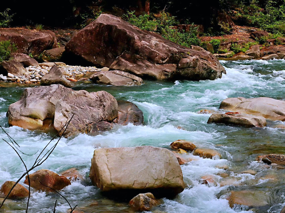 A lively aquamarine colored mountain stream in Tongmu flowing between large stones and forested banks.