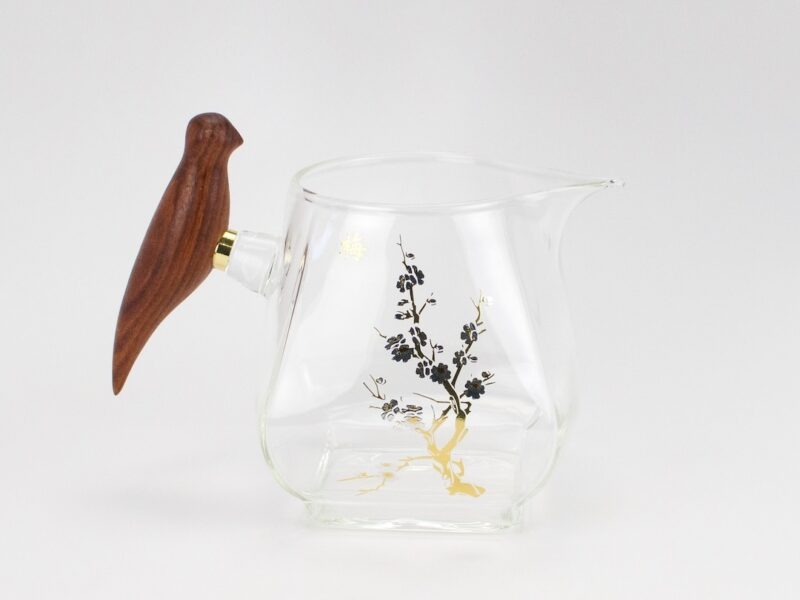 Wooden Bird Handle Glass Pitcher, cherry branch detail