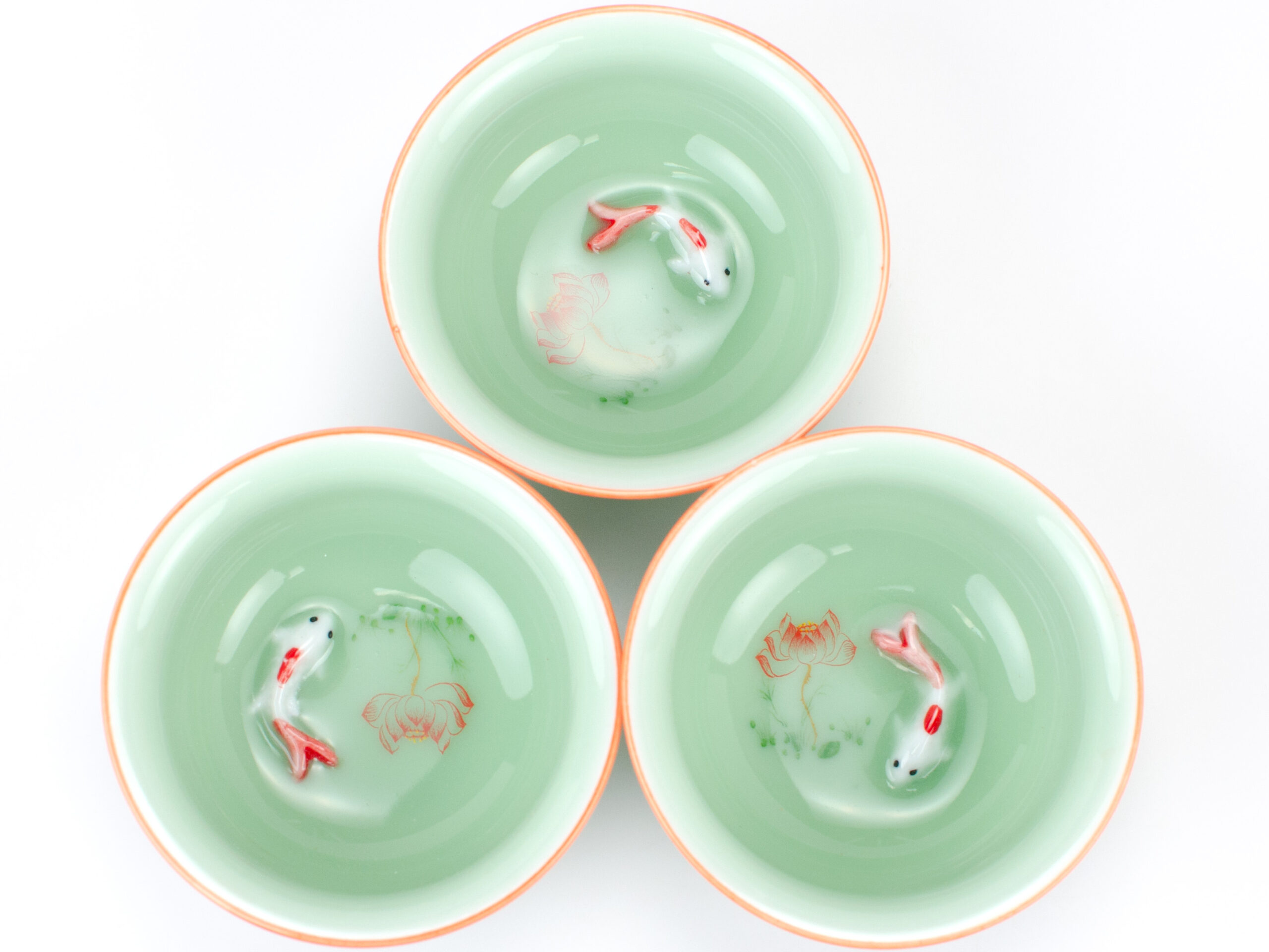 PRC-1koilot 3 cups Three Longquan Kiln Koi and Lotus Celadon Teacups