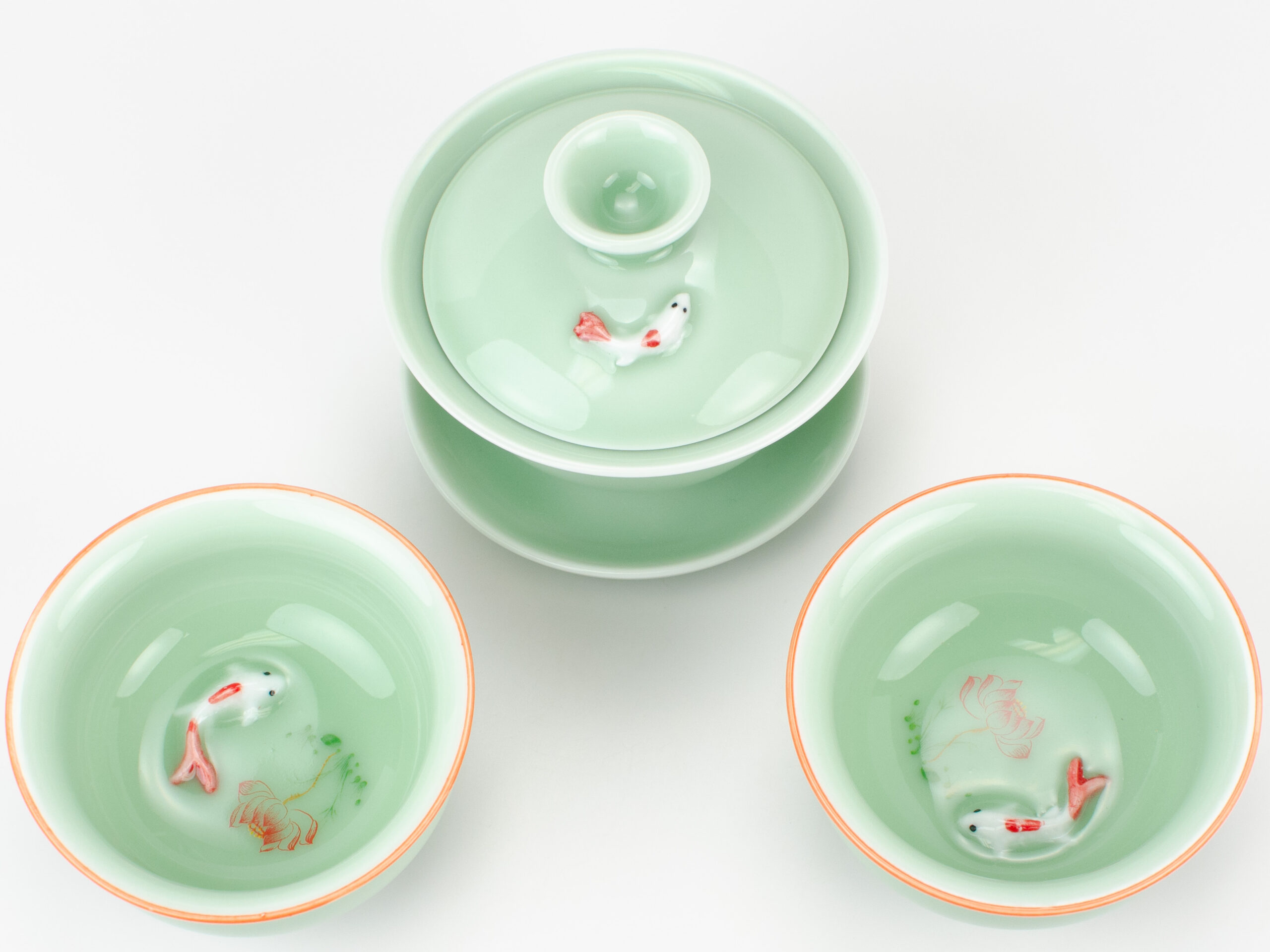 Longquan Kiln Koi and Lotus Celadon Teacups with Gaiwan