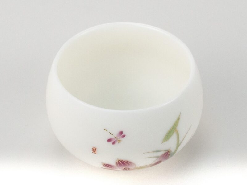 Jingdezhen Dragonfly and Lotus Ice Jade Porcelain Teacup angled view