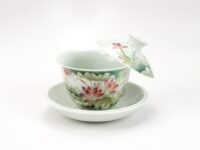 Jingdezhen Hanging Lid Lotus Pond Porcelain Gaiwan with lid perched on bowl as if floating