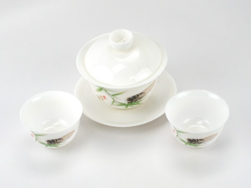 Set of Cicada Ice Jade Porcelain Gaiwan and two matching teacups