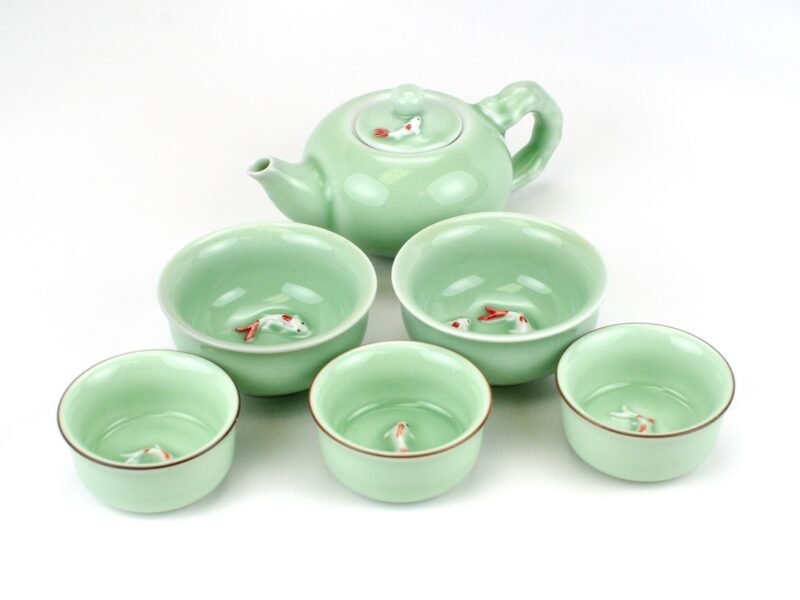 Matching Longquan Kiln Koi Fish Celadon Teapot and two different sized of teacup.