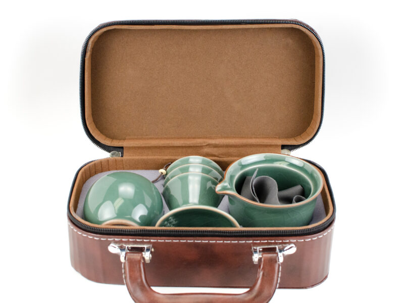 Ge Kiln Jade Green Easy Gaiwan Travel Tea Set in leather case