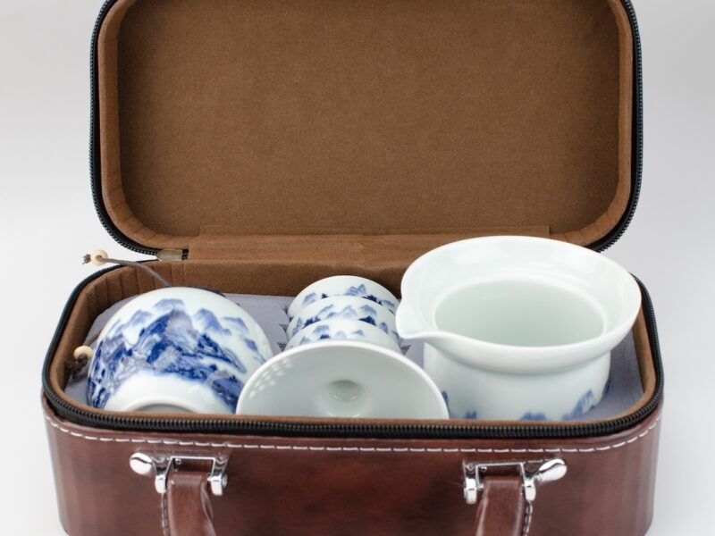 Mountains and Rivers Porcelain Travel Tea Set packed into leather case