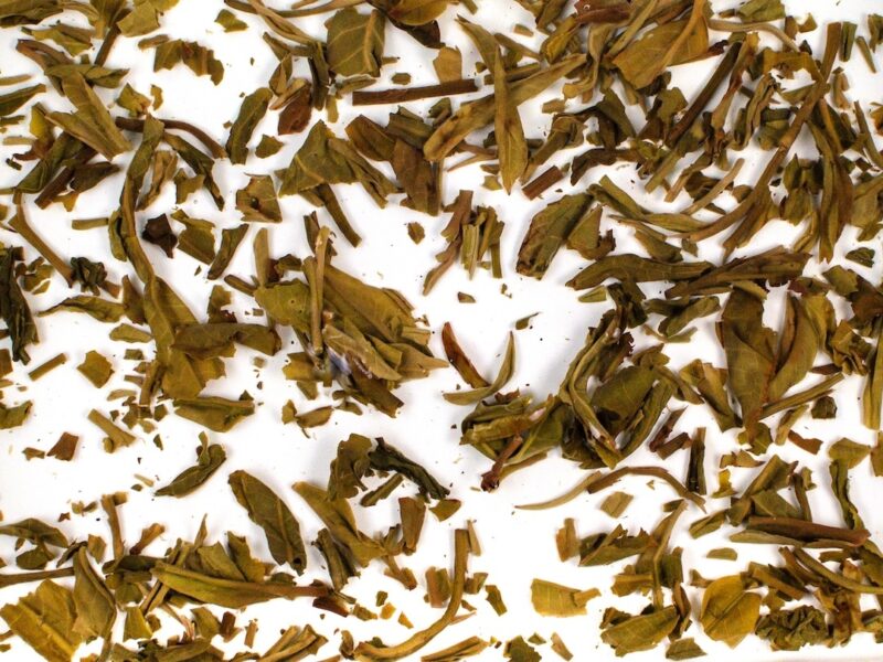 Yanzi Tou (Rock Head) Sheng Puer Cake infused leaf floating in clear water.