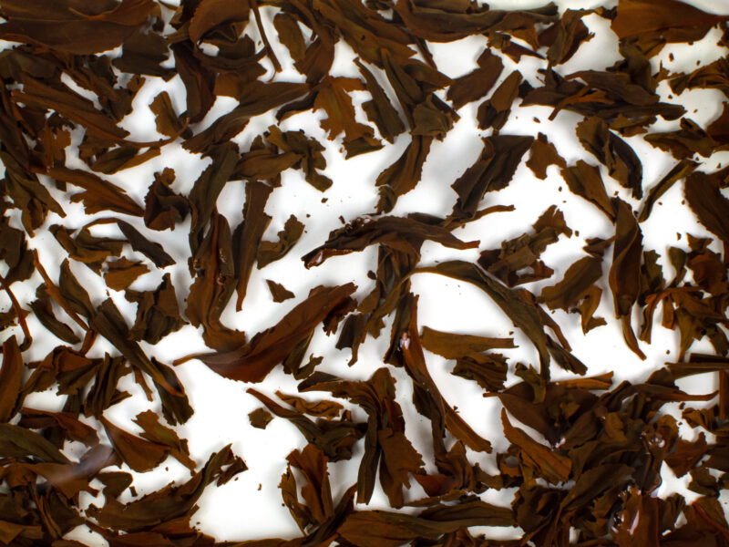 Zui Tao Xi (The Drunkest Peach) black tea leaves floating in clear water.