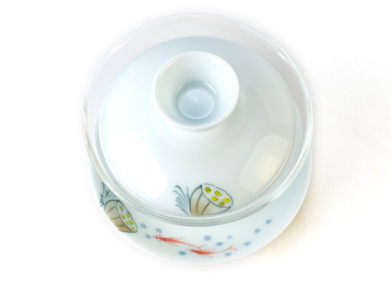 Above view of hand painted fish and lotus details on Jingdezhen Glass and Porcelain Hand-Painted Gaiwan