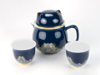 Blue Cat Porcelain Travel Tea Set with pot and two cups